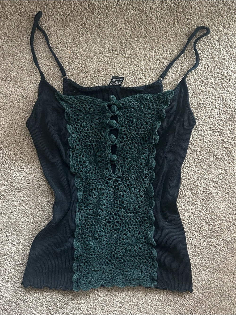 Oscalito Dark Green & Blacl Crochet-Front Ribbed Cami